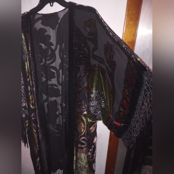 Aris A  Fringe Velvet Burnout Open Cardigan Multicolor One Size - Picture 7 of 8